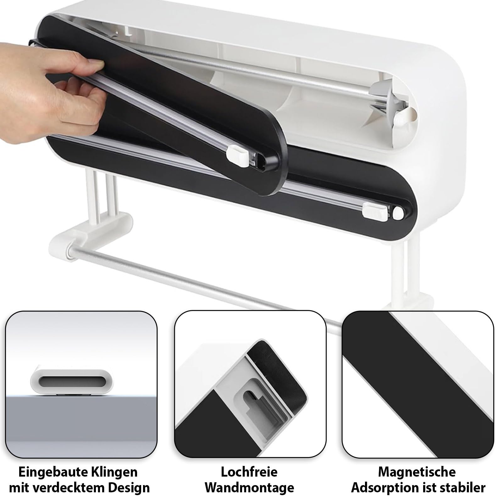 3 in 1 Frischhaltefolienspender, Küchenrollenhalterung mit Küchenrollenhalter, Folienschneider Magnetischer mit Küchenrollenhalter, Wandrollenhalter Alufolienspender, Schwarz