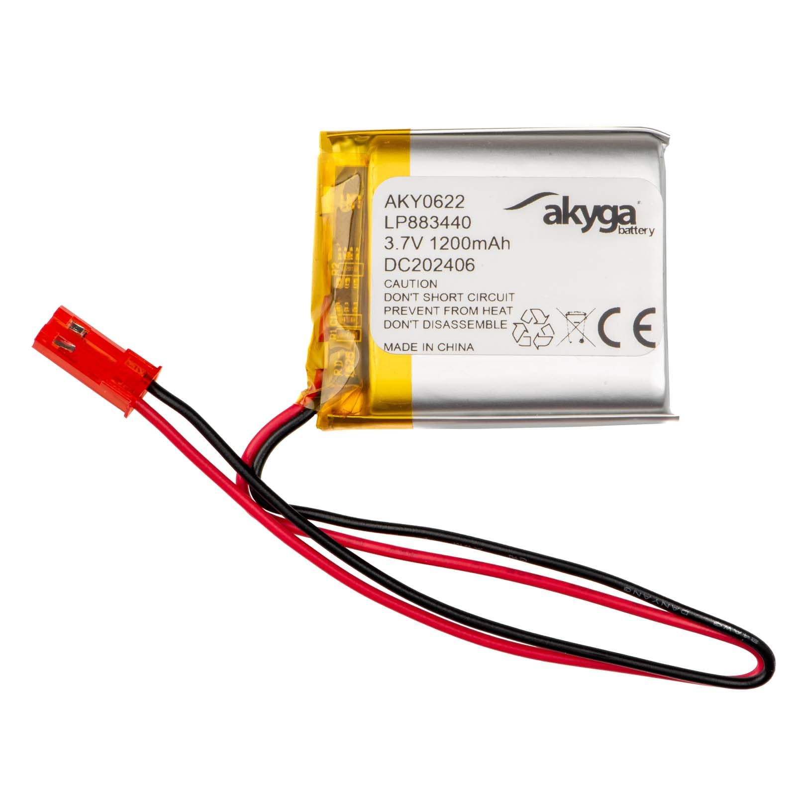 3.7 V 1200 mAh Battery LP883440 Lithium Polymer AKYGA AKY0622 Li-Po Battery PCM JST 2-Pin Connection 2.54 15 cm