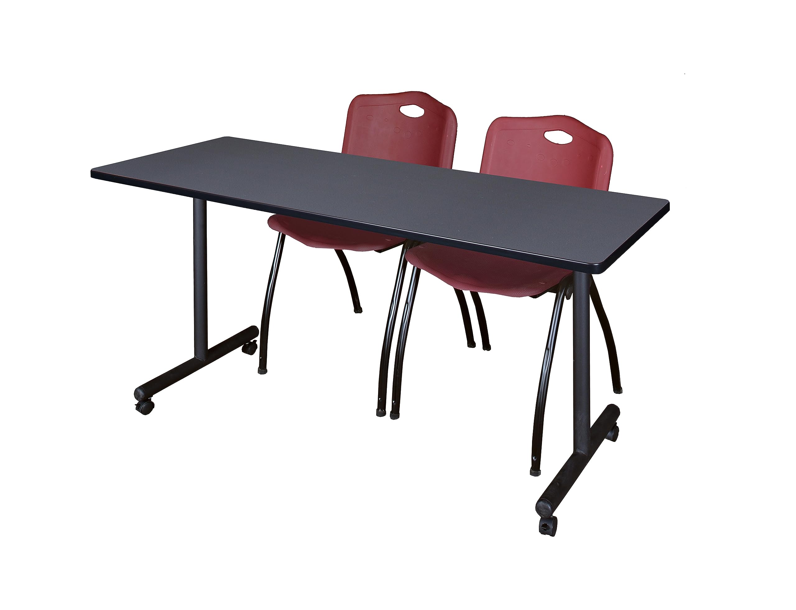 Romig Axis-Pro 72 x 24 in. Mobile T-Base Training Table- Grey, 2 M Stack Chairs- Burgundy