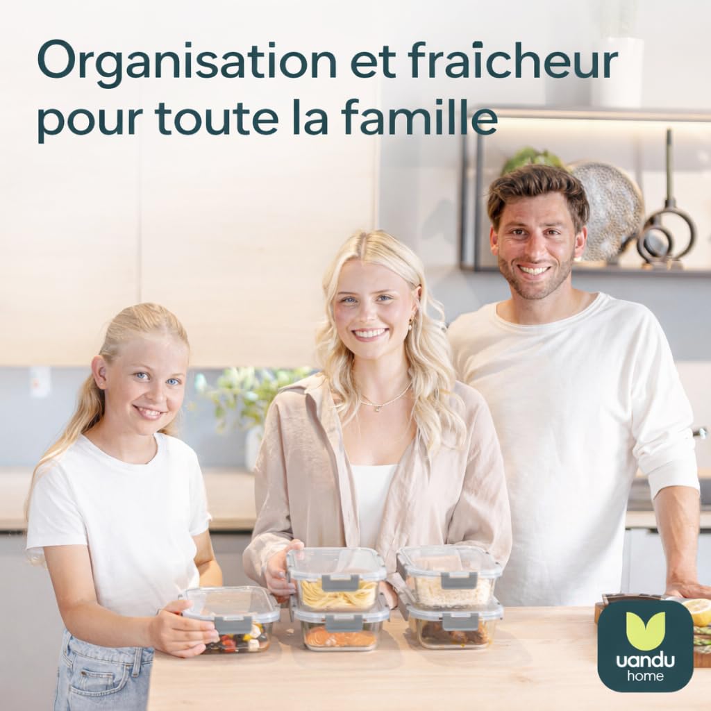 Uandu Lot de 10 Boîtes Alimentaires en Verre Hermétiques avec Couvercle, Verre Borosilicate, Idéal pour les Repas et le Meal Prep, Sans BPA, Compatible Micro-ondes, Four, Congélateur et Lave-vaisselle