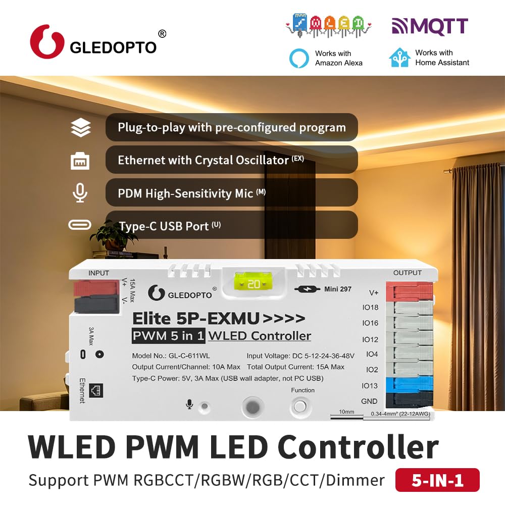 Controlador LED Elite 5P-EXMU WLED, Controlador LED PWM 5-1 para Tiras LED RGB/RGBW/RGB+CCT/CCT/Regulador de Intensidad, Ethernet + WiFi, APP/Mando a Distancia, Compatible con Alexa y Home Assistant
