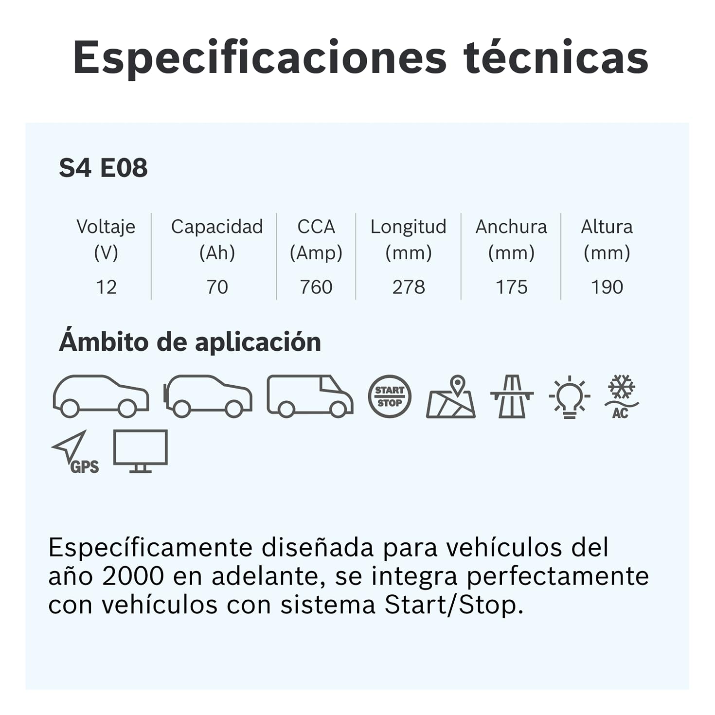 Bosch S4 E08 Batería para Coche 70 A/h - 760 A - 12 V, EFB de Plomo-Ácido para Vehículos con Sistema Start/Stop, Polaridad Izquierda (-) Derecha (+), 278 x 175 x 190 mm