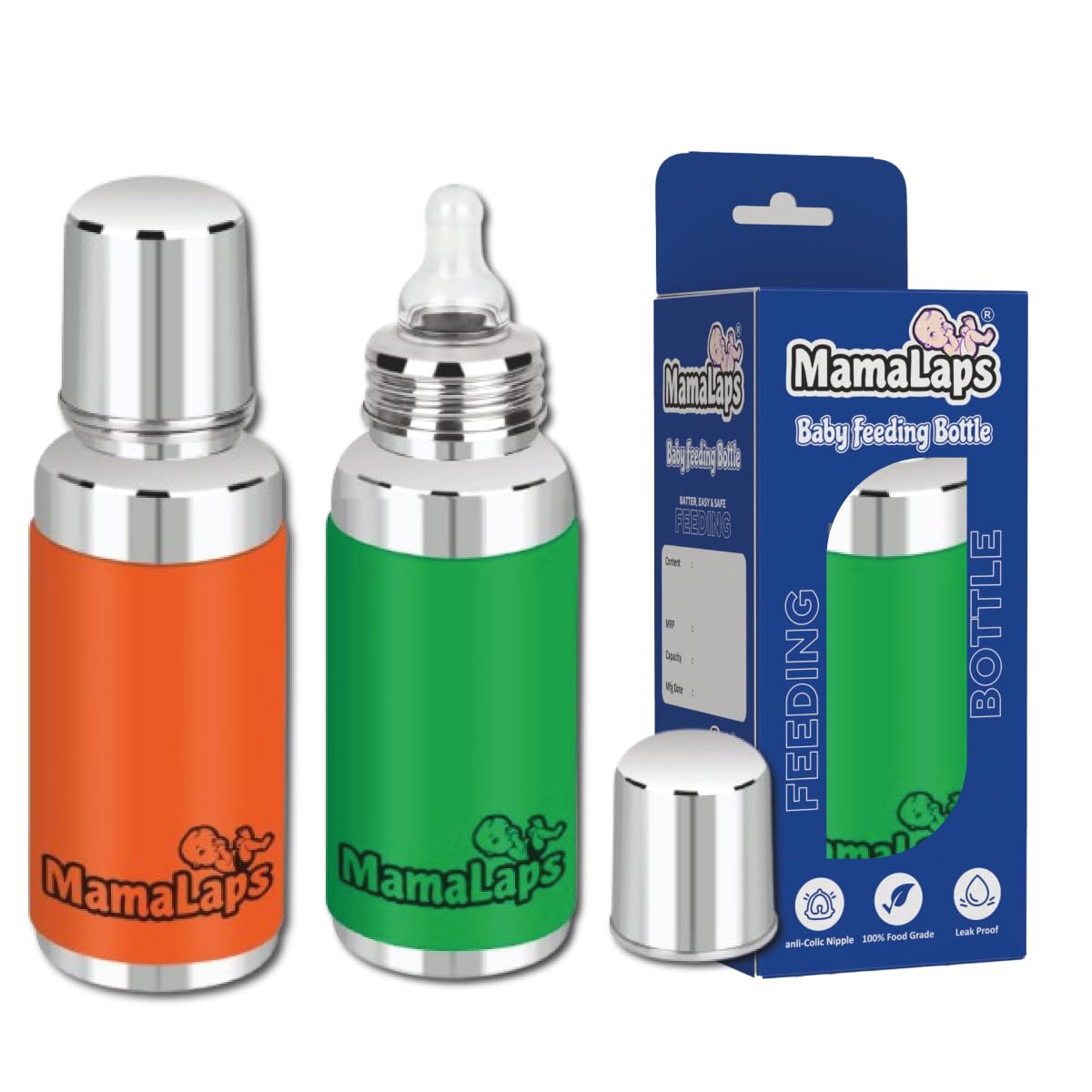 MamaLaps Baby Feeding Bottle Stainless Steel with Advanced Anti Colic System, BPA Free, Made with SS304 Food Grade, Heat Protective Silicone Cover for Babies Tiny Hands (Green + Orange) (B0D8TT7KYR) Amazon Price History, Amazon Price Tracker