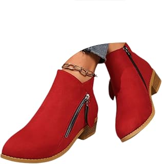 Fall Ankle Boots for Women Chunky V Cutout Pointed Toe Stacked Low Heels