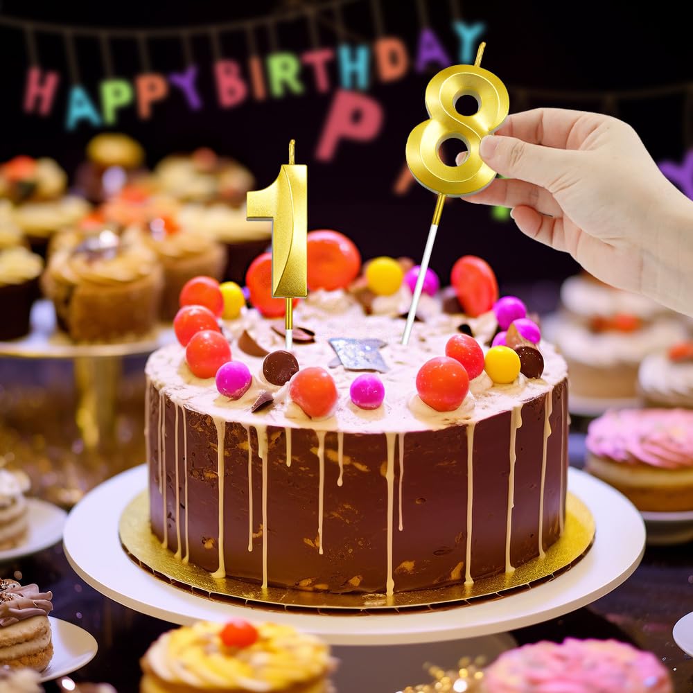 Velas de cumpleaños 18 para pastel, velas de cumpleaños doradas, velas número 18, velas de cumpleaños con números, vela de pastel de feliz cumpleaños para decoraciones de aniversario de 18, 8, primer