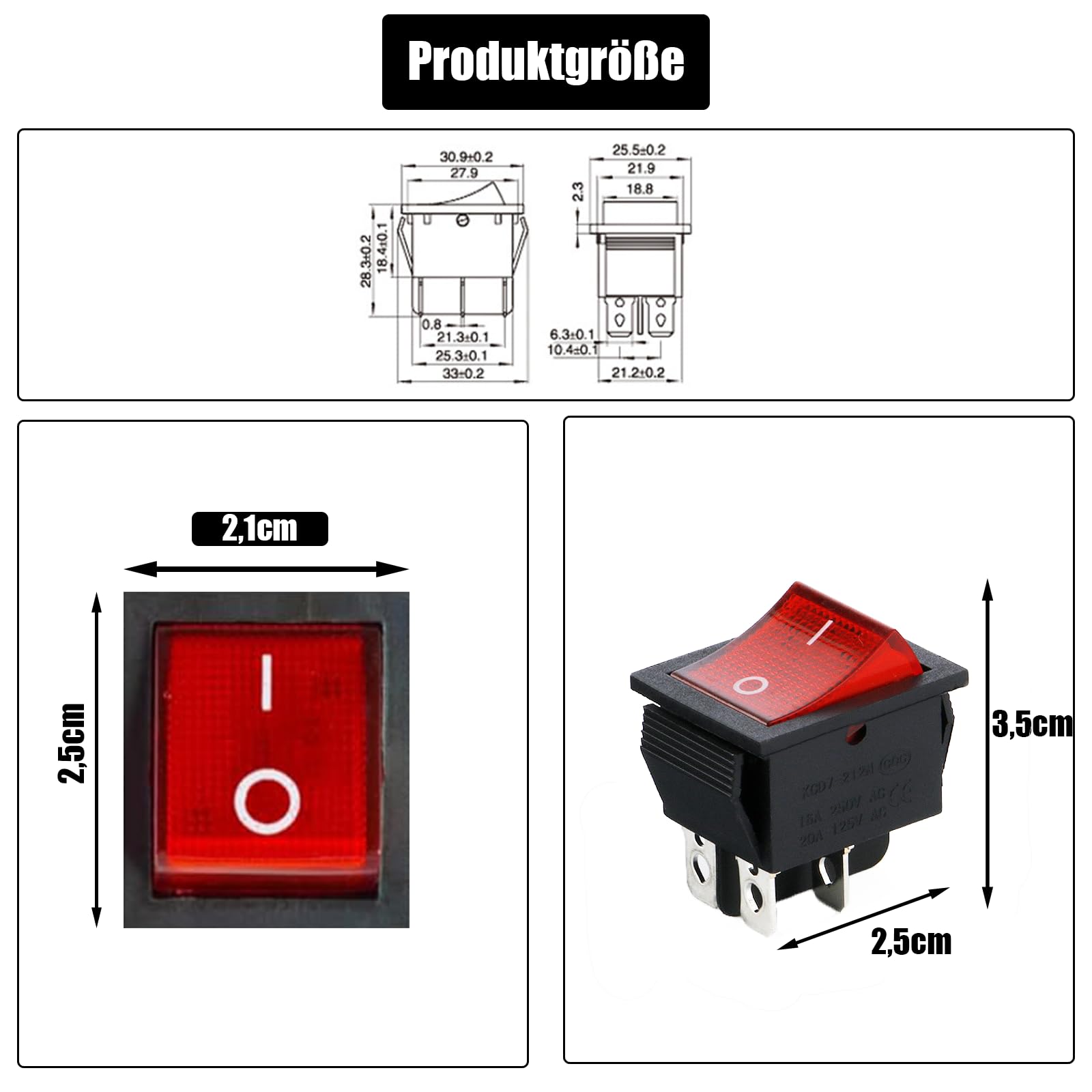 Powice 4 sztuki przełączników żarowych, samozabezpieczający, 4-biegunowy przełącznik 230 V z czerwonym światłem, przełącznik kołyskowy 16 A/250 V/20 A/125 V, odpowiedni do montażu w domach,