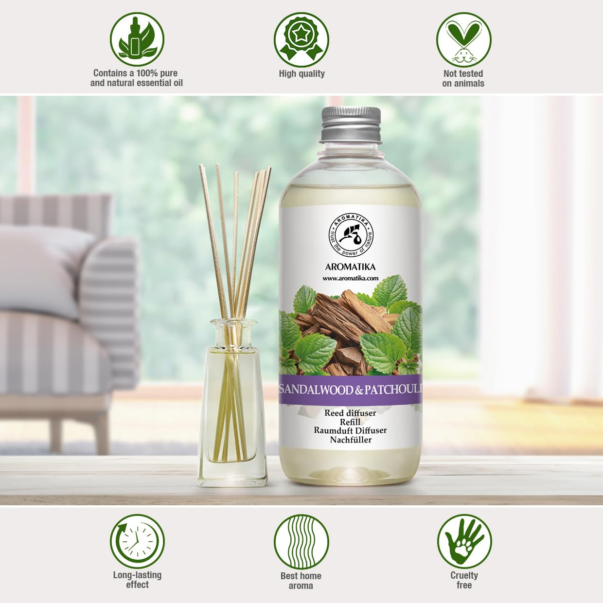 Recharge Diffuseur de Santal Patchouli 500 ml - Diffuseur à l'Huile Essentielle de Patchouli - Desodorisant Maison - Fragrance Durable - Aromathérapie - Reed Diffuseur Refill Sandalwood & Patchouli