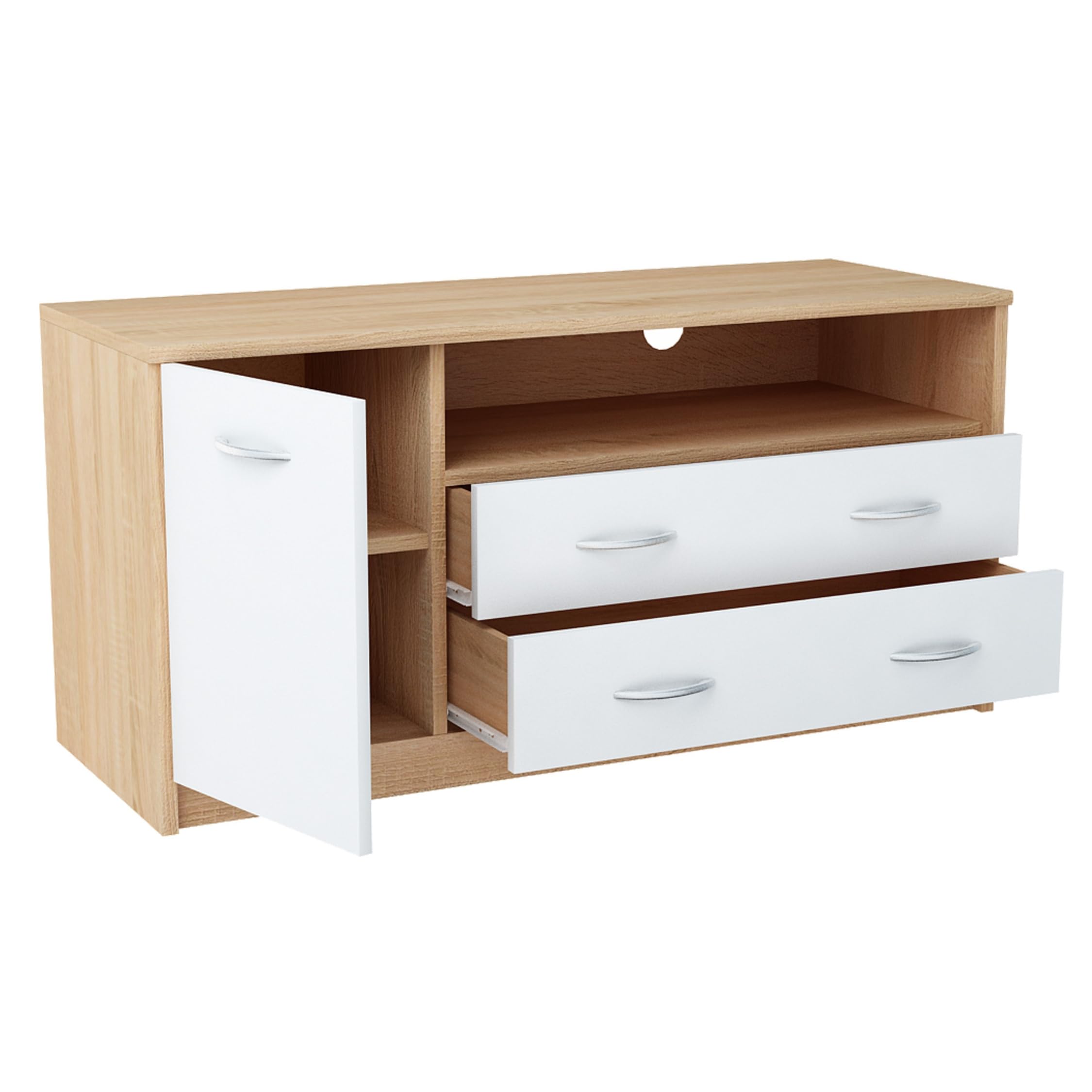 Home Collective TV-Schrank 110cm breit Lowboard in matt Fernsehtisch mit 1 Tür 2 Schubladen und 2 Regalen aus laminiertem Board abgerundete Kante und Metall-Rollschienen Fernsehkommode Sonoma weiß