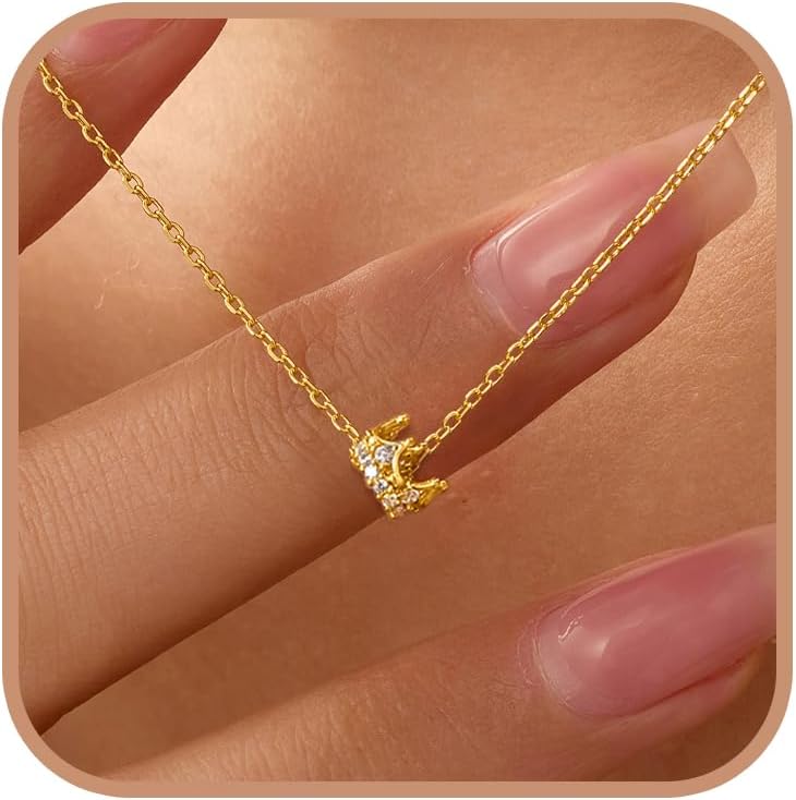 Princess Crown Charm Necklace for Women 925 Sterling Silver Round CZ Queen Dainty Pendant Lucky Necklace 14K Gold Plated Royal Delicate Crown Choker Cute to Daughter Mother Wedding Birthday Mother’s Day Jewelry