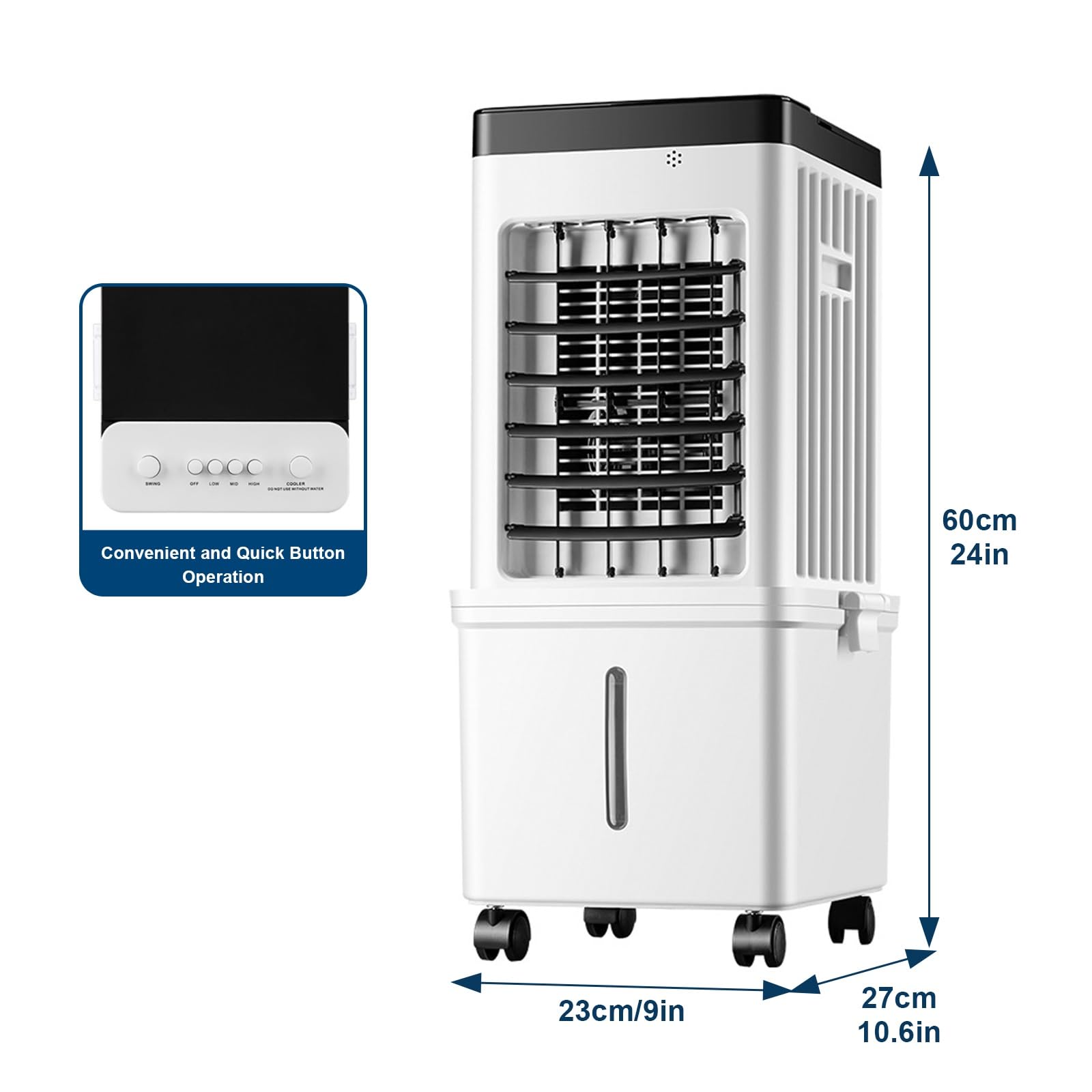 Climatizador Evaporativo Portátil de 3 Velocidades, Enfriador de Aire Silencioso con Llenado Superior, Ruedas y Acumuladores de Hielo para Habitación, Hogar, Oficina