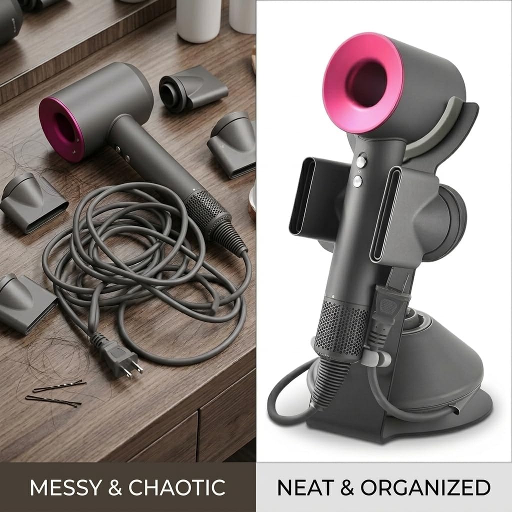 Hair Dryer Holder Stand Compatible with Dyson, Magnetic Stand with Power Plug Cable Organizer, Countertop Blow Dryer,Diffuser and Nozzles Bracket- Rust Resistant Organizer for Bedroom Washroom and Bathroom
