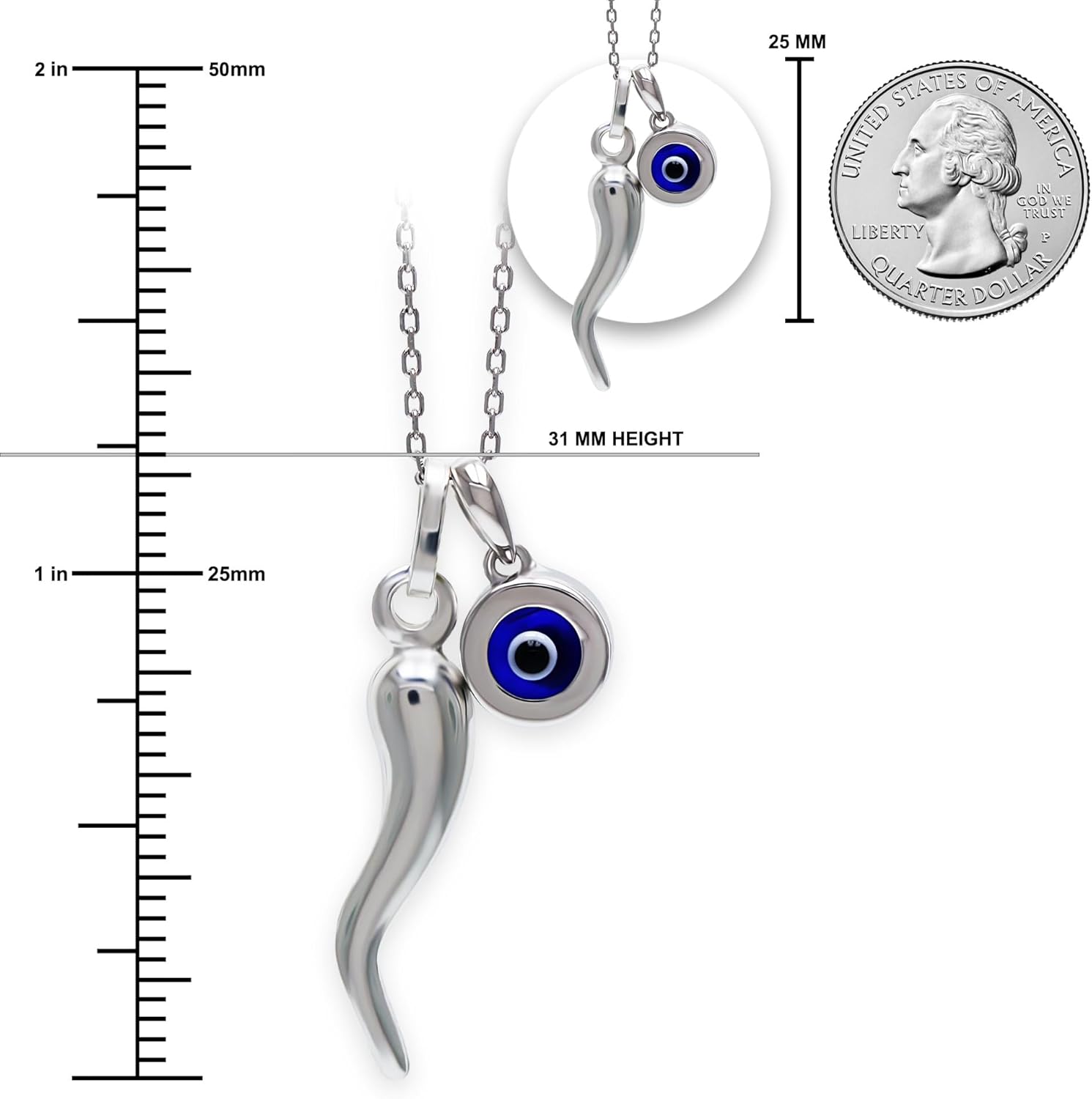 Charm America Silver Italian Horn with Evil Eye Necklace - 925 Sterling Silver - Cornicello Necklace - Evil Eye Jewelry - Double Sided Pendants - Image 3