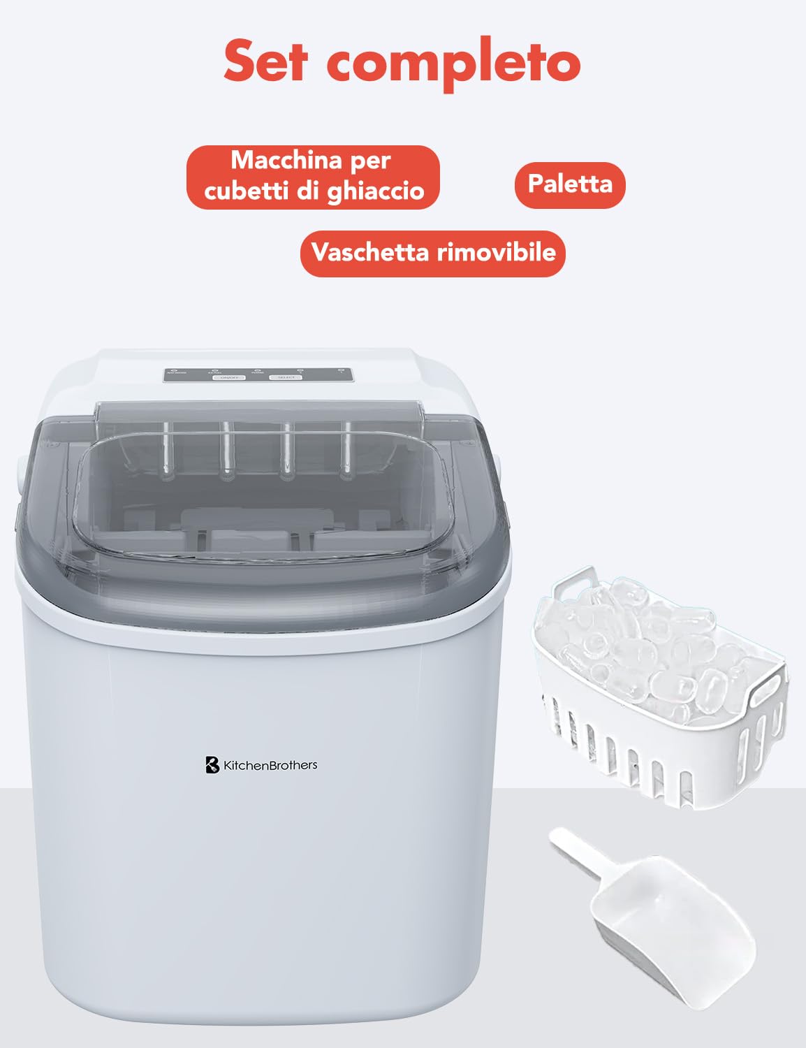 KitchenBrothersMacchina Ice Maker Professionale - Macchina del Ghiaccio da Casa - 9 Cubetti ogni 8 Minuti - 1,2L