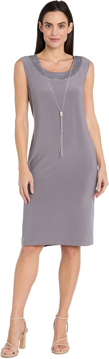 R&M Richards Women's Metallic Knit Pleated 3/4 Sleeve Jacket & Shift Tank Dress Set W/Necklace | Evening & Cocktail Party