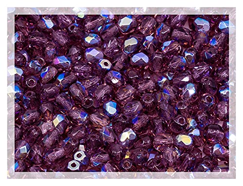 100pcs of Faceted Fire Polished Pressed Czech Glass Beads 4mm (0.16in), Amethyst AB Violet Purple 20060-28701 BCV