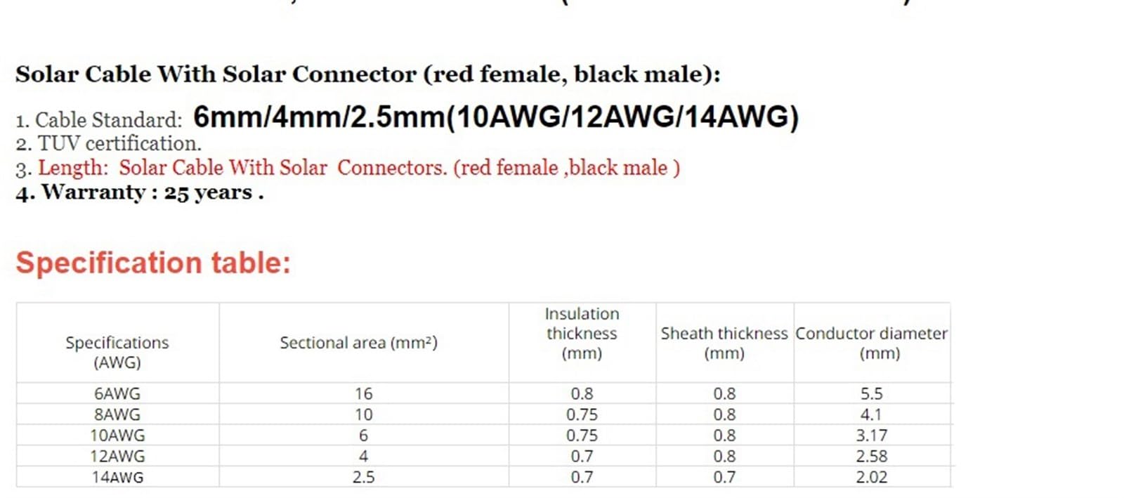 Outdoor Extension Solar Panel Extension Wire Jacket Copper Cable 6mm2 4mm2 2.5mm2 10AWG 12AWG 14AWG Panels Connection Red Black Solar sheathed (Size : 7Meter, Color : 10AWG 6mm2)