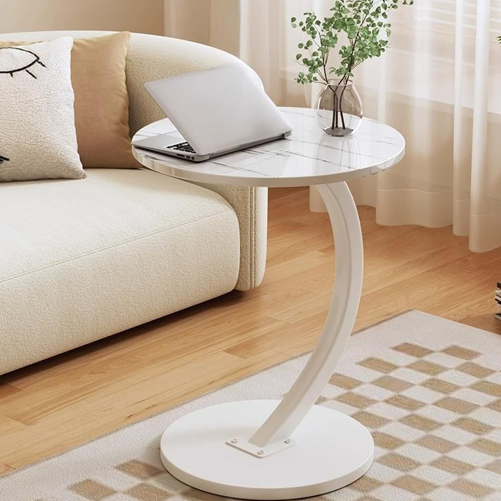 MOZOGOT C Shaped End Table Round Bedside Table, Slim Sofa Side Table Modern Nightstand for Small Spaces Living Room Bedroom (White Stand + White Tray)