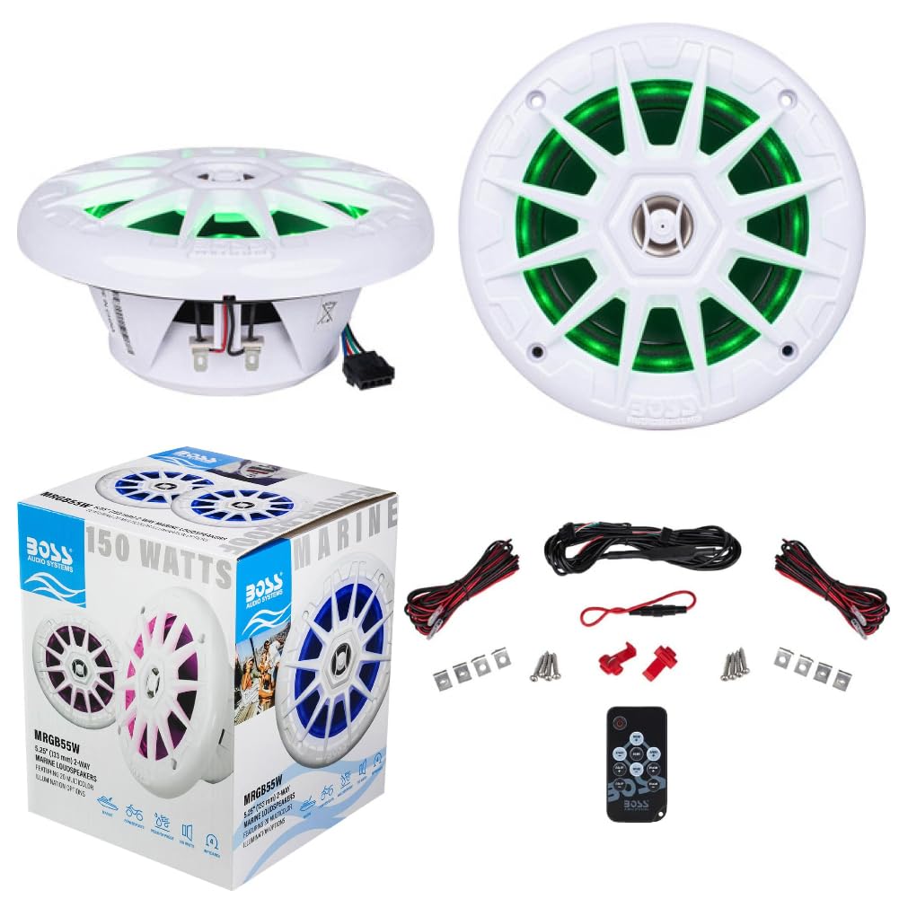 Kit Set para Boss Audio Systems MRGB55W 2 Altavoces coaxiales de 5,25" 13,3 cm 2 vías, 75 vatios rms 150 vatios máx, 4 ohmios, Resistentes al Agua, con led RGB, el par + Mando a Distancia Gratis