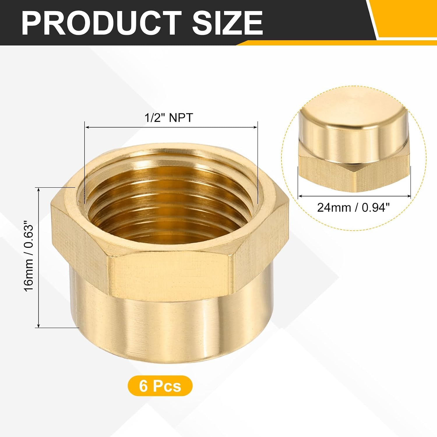 PATIKIL 1/2" NPT Female Brass Pipe Fitting Cap, 6Pcs Hex Head Tubing Thread Ends Cap Sealing Fittings for Refrigeration Gas Air Water Oil Line, Brass Tone