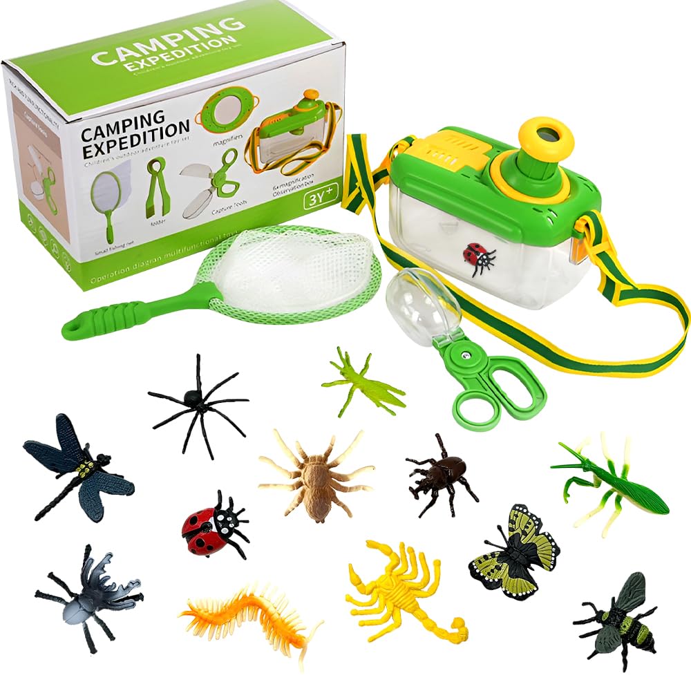 RNPKZ 5 Pcs Bug Hunting Kits, Bug Catcher with 12 Fake Insects, Outdoor Explorer Kit for Children, Explorer Toys with Insect Observation Box Insect Net Scissors Tweezer, Gift for Kids Boys Girls