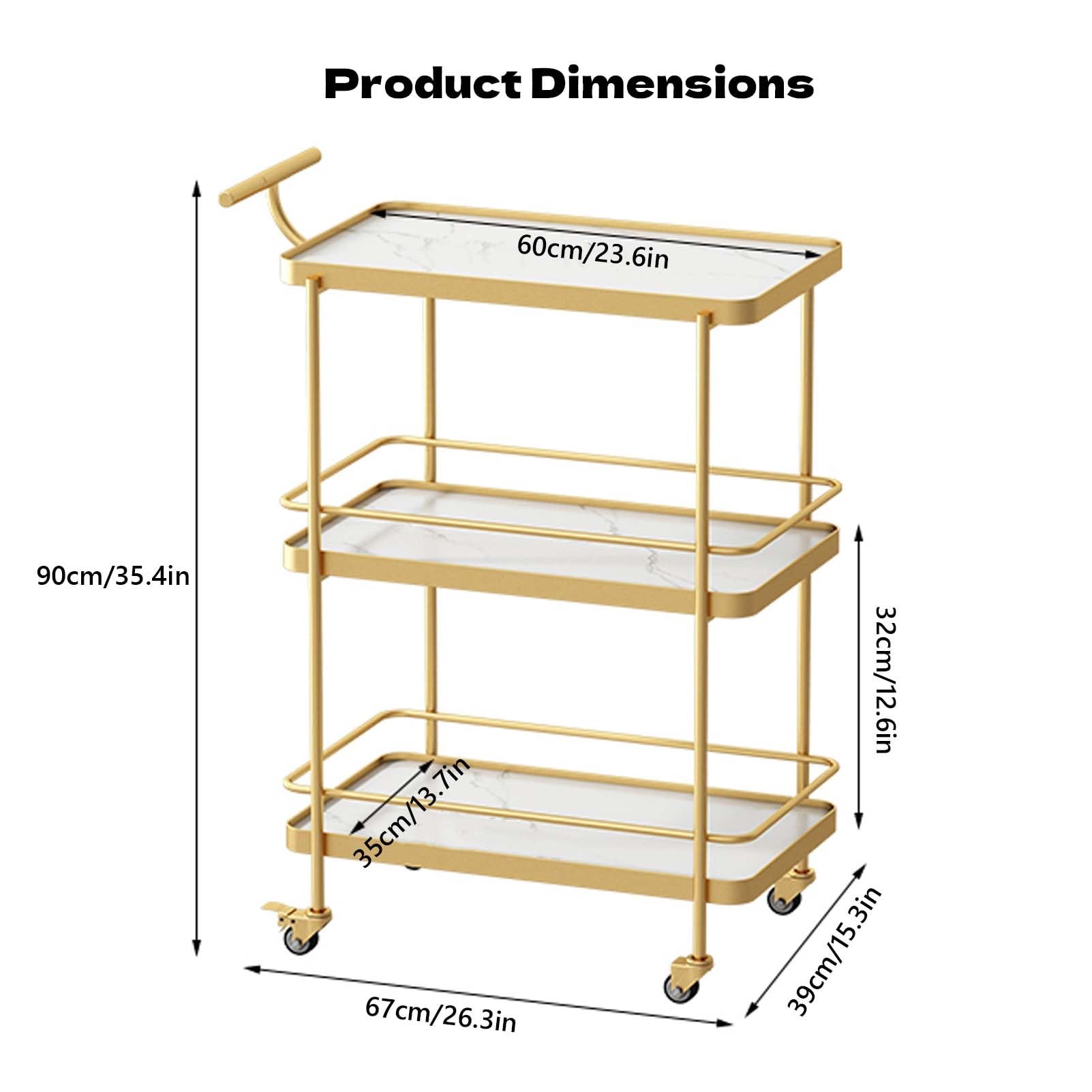 Carrito de servicio de bar para el hogar, carrito de cocina rodante de 3 niveles con ruedas y asa, elegante carrito de bebidas para uso en comedor y sala de estar, ideal para entretener a los
