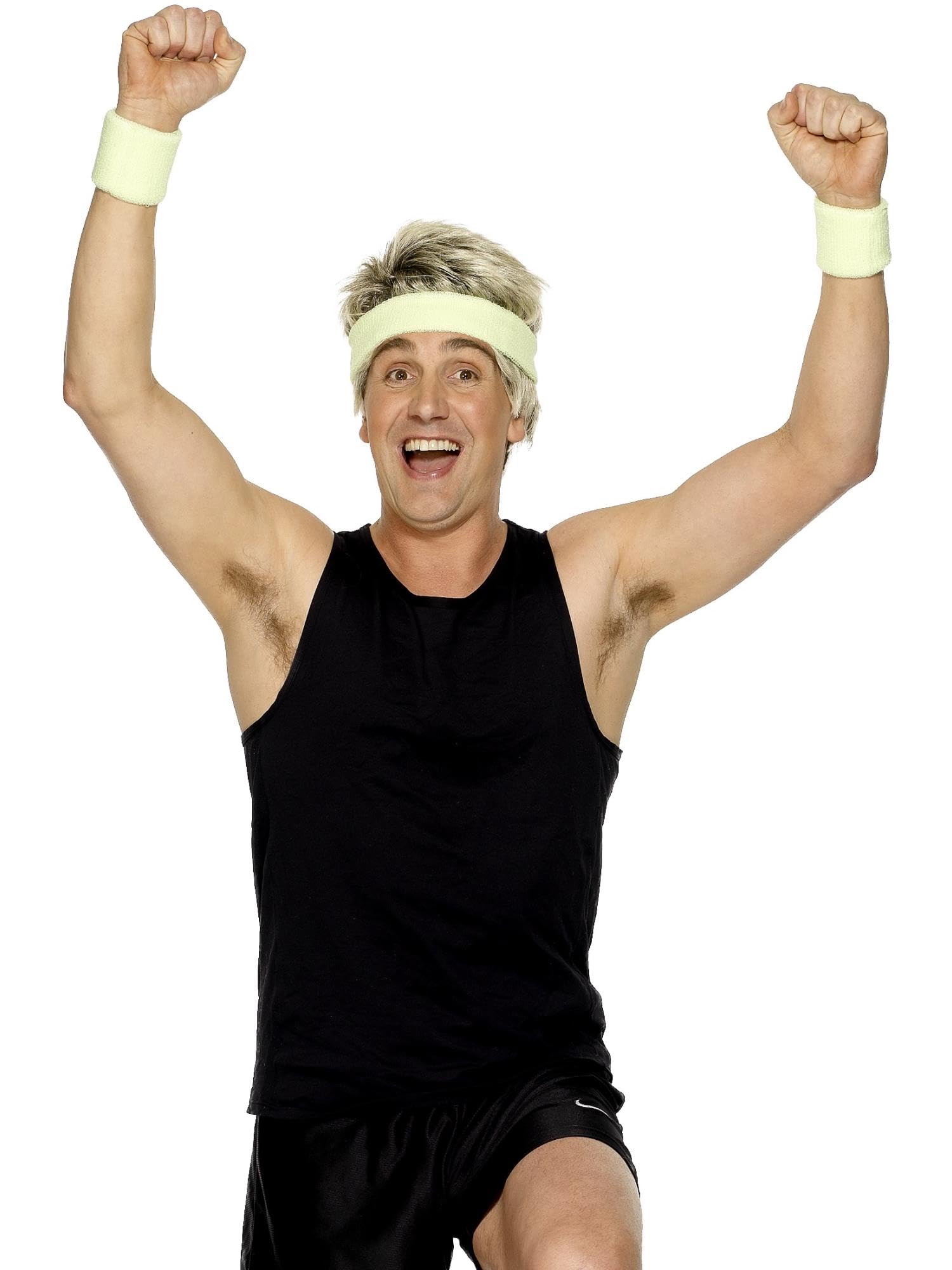 Smiffys Sweatbands, Yellow 1 Headband and 2 Wristbands, 1980's Fancy Dress, 1980s Dress Up Accessories