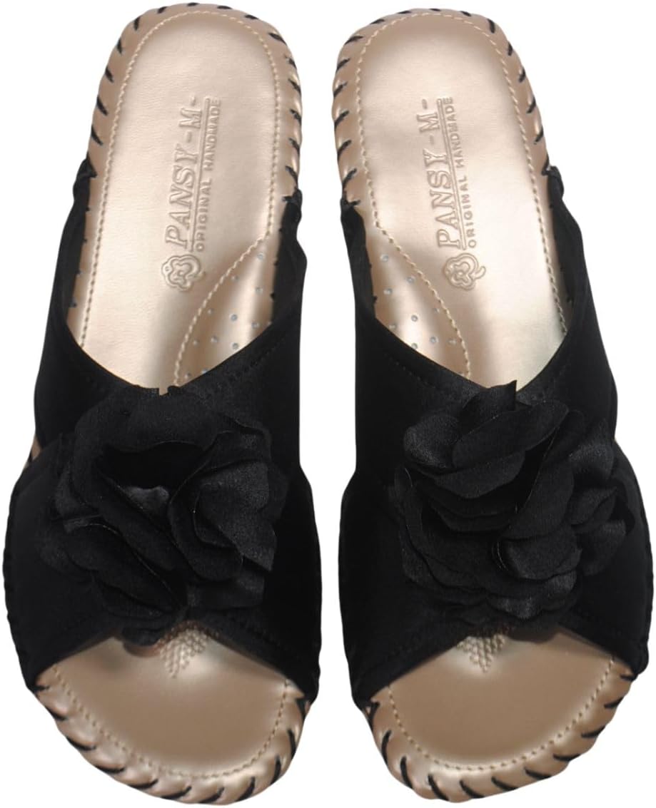 PANSY 9473 S M L レディース スリッパ ルームシューズ ブラック ヒール 前開き フラワー 滑りにくい 軽い