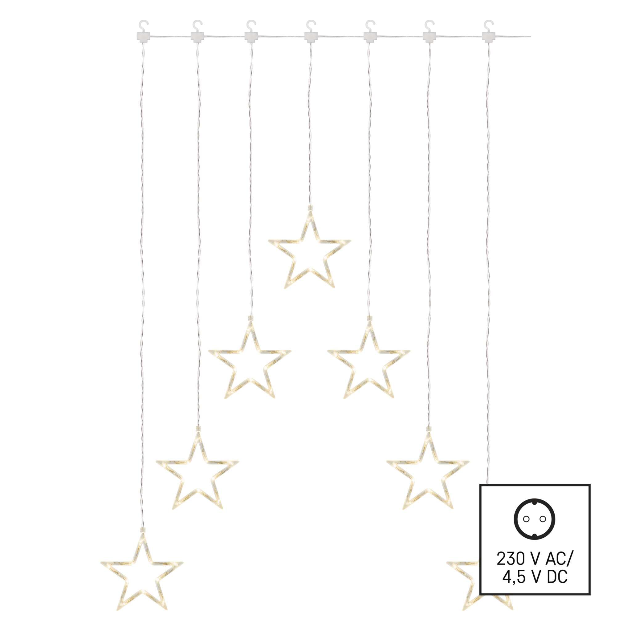 EMOS Girlanda z gwiazdami z 70 diodami LED, kurtyna świetlna 67 cm + przewód zasilający 5 m, ciepła biel, girlanda świetlna LED + zasilacz, czas świecenia 10 000 h, IP44 do użytku wewnątrz i na