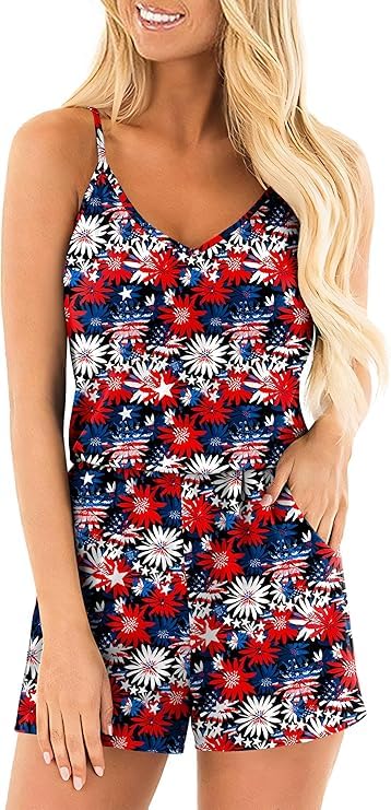 AOBUTE 4th Of July Romper For Women Sleeveless Red White And Blue Overalls Tropical Beach Blossom Print Patriotic Jumpsuit XL