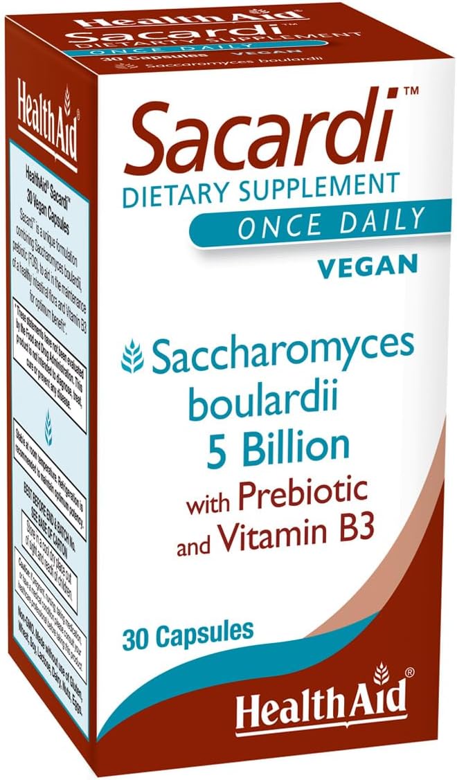 Sacardi Saccharomyces Boulardii – Once-Daily with Vitamin B3 & FOS | 5 Billion CFU | 30 Vegan Tablets | Dairy-Free & Acid-Resistant