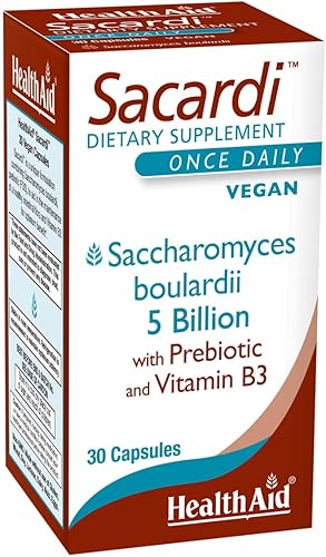 Sacardi, 5 mil millones con vitamina B3, una vez al día, 30 unidades, Saccharomyces Boulardii, 5 mil millones con FOS y vitamina B3, sin lácteos,