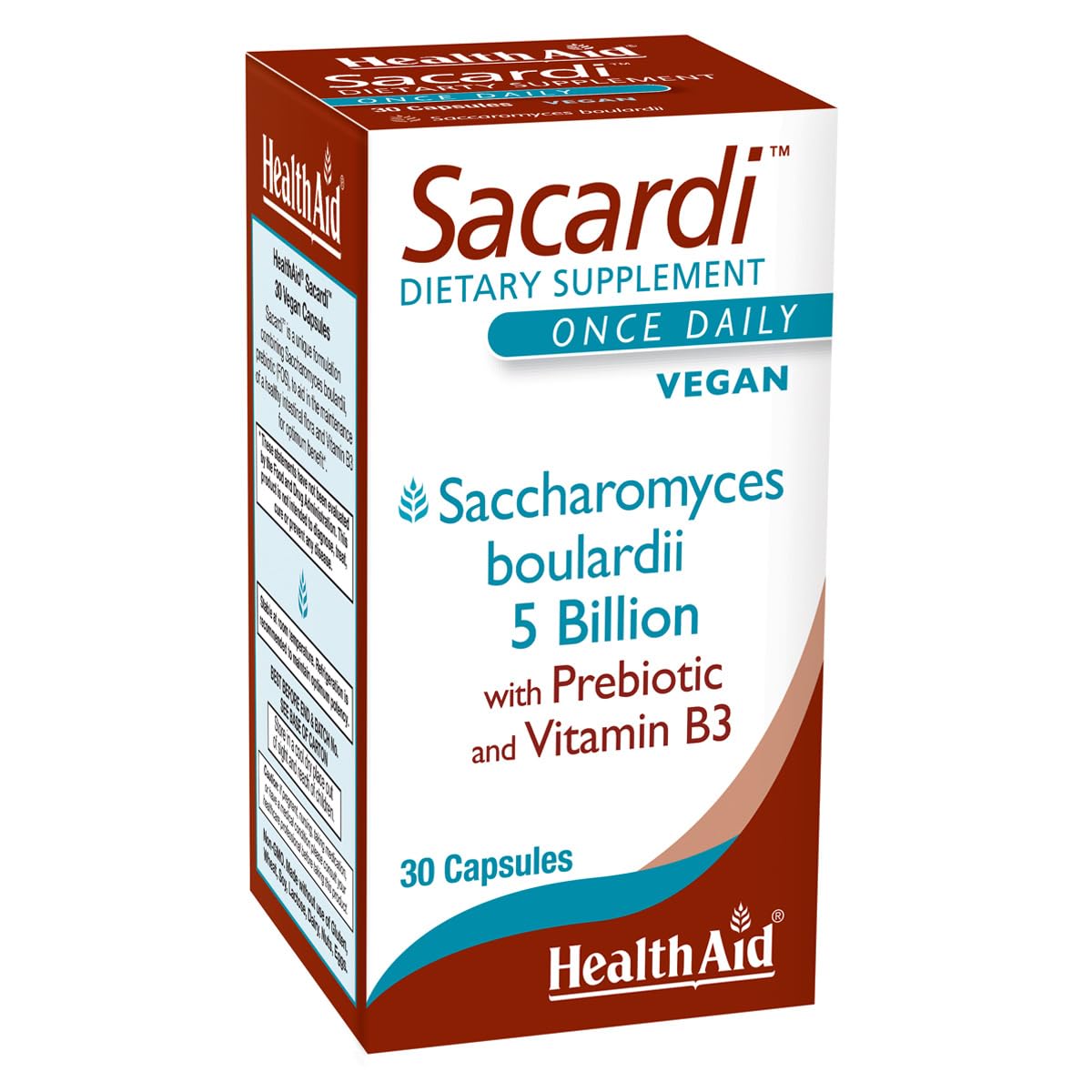Sacardi Saccharomyces Boulardii – Once-Daily with Vitamin B3 & FOS | 5 Billion CFU | 30 Vegan Tablets | Dairy-Free & Acid-Resistant