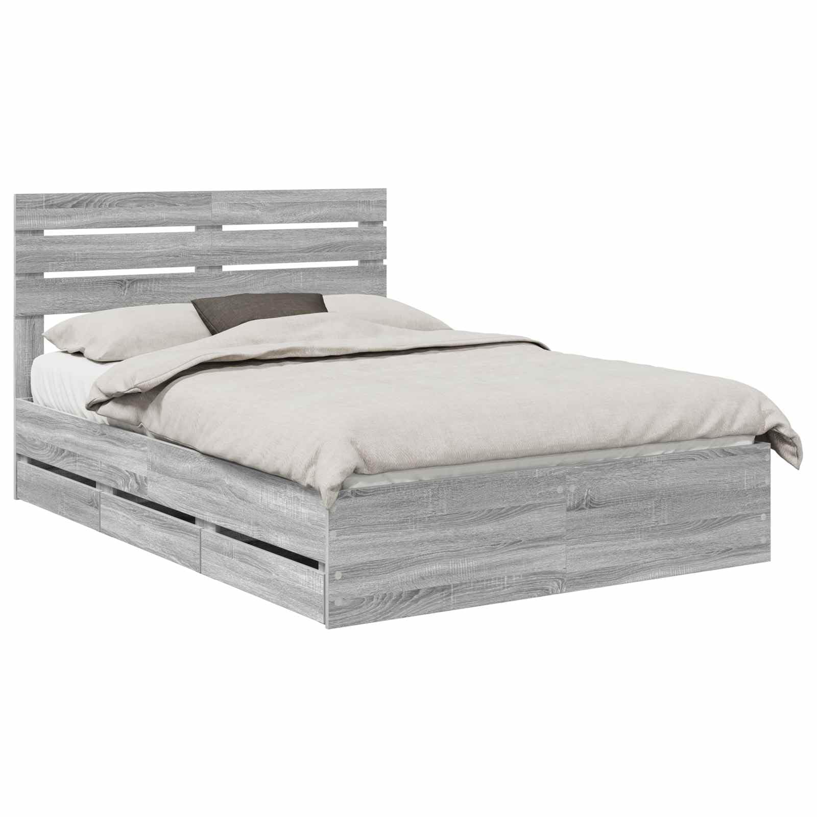 Marco de cama moderno de madera compuesta en gris sonoma 160 x 200 cm con somier de listones y cajones de almacenamiento ocultos, diseño autosostenido