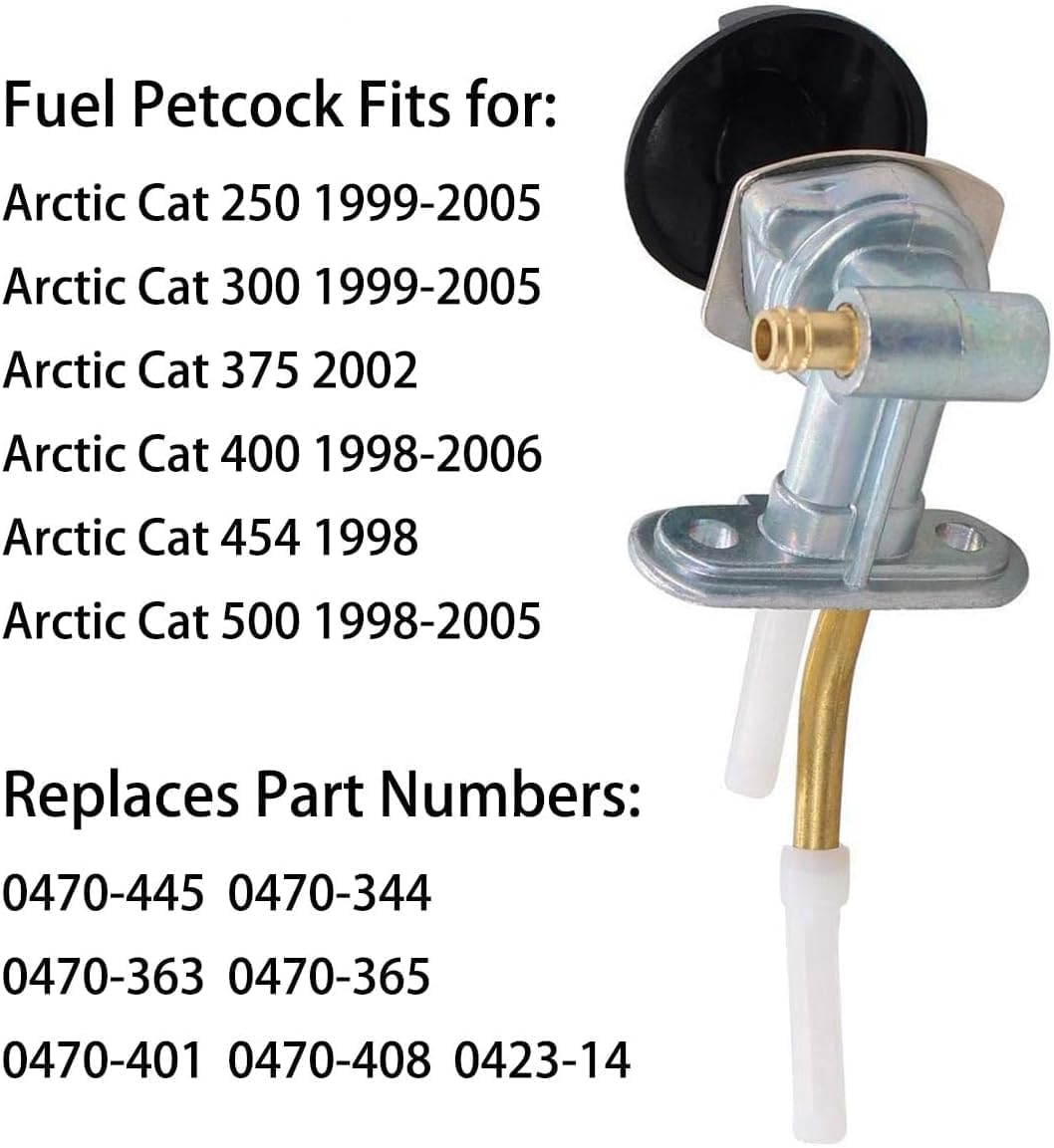 Earlyred Fuel Valve Petcock Tank Switch for Arctic Cat 250 300 400 375 454 500 ATV Parts Shut Off Valve Petcock with Knob Fuel Line Filter Clamp Replacement 0470-445 0470-408 1997-2006