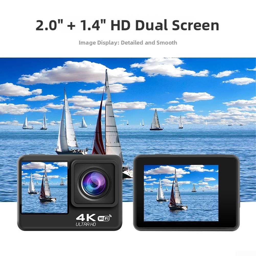 Action camera impermeabile 4K con stabilizzazione dell'immagine doppio display obiettivo grandangolare per snorkeling ciclismo casco Mount UK