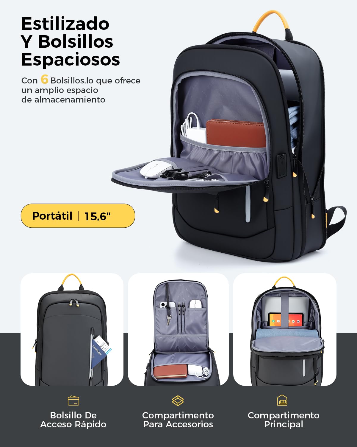 Mochila Portatil 15.6 Pulgadas,12L-20L Expandible,Con Puerto USB
