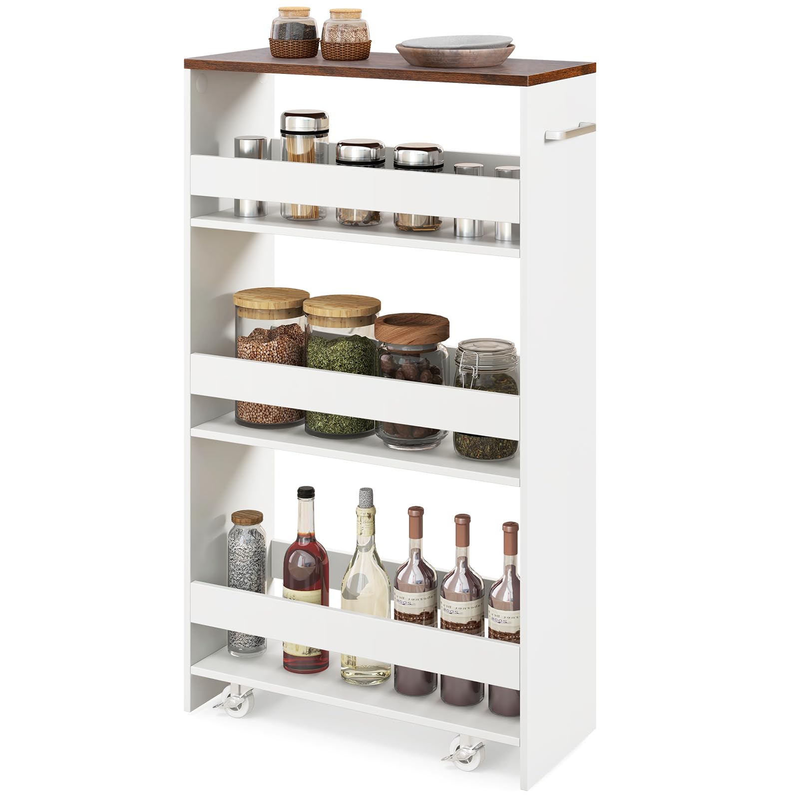 RELAX4LIFE Carrello di Stoccaggio Sottile a 4 Livelli con Maniglia e Ruote Girevoli a 360°, Unita Mobile di Ripiani Scorrevoli per Cucina, Bagno, Lavanderia, Spazi Stretti (BIANCO, 48x20x81 cm)