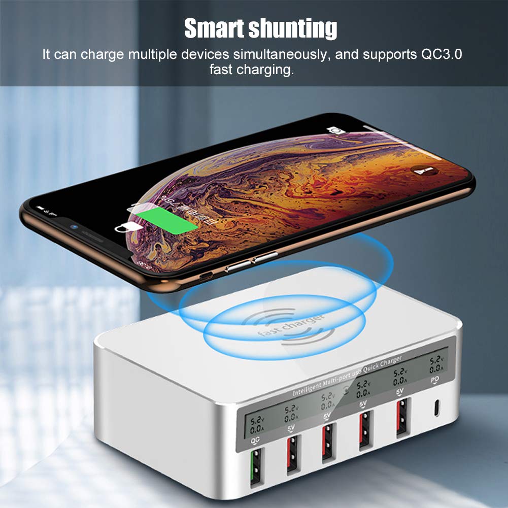 Wieloportowa ładowarka USB, stacja dokująca multi USB Bezprzewodowa ładowarka z QC 3.0 i wyświetlaczem LCD Szybka ładowarka biurkowa do smartfona, tabletu, komputera