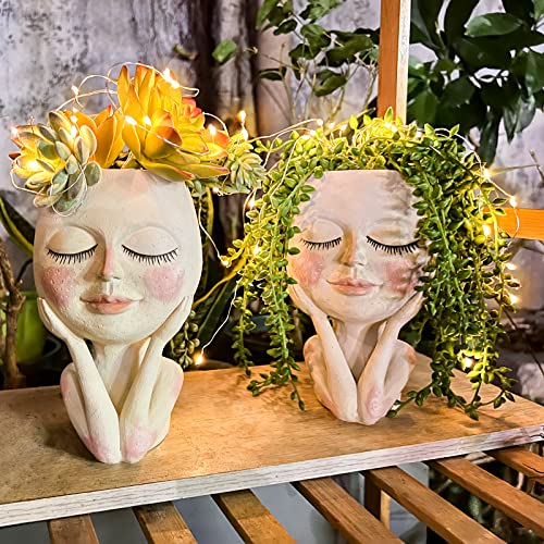 Solar-Face Flower Pot Head Planter Pots Succulent Planter Light - Led String Lights Warterproof Resin Cactus Planters Pots With Drainage Hole Cute Lady Closed Eyes Indoor Outdoor Garden Decor (Large) #TOP2