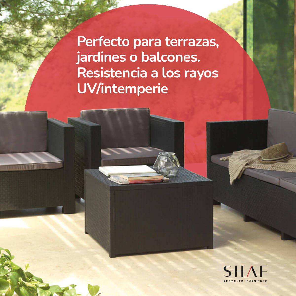Shaf - Conjunto Jardín Exterior y Terraza - Sofá 2 Plazas, 2 Sillones con Cojines Acolchados y Mesa de Centro con Almacenamiento - Plástico Reciclado - Set Diva Confort Storage - Grafito