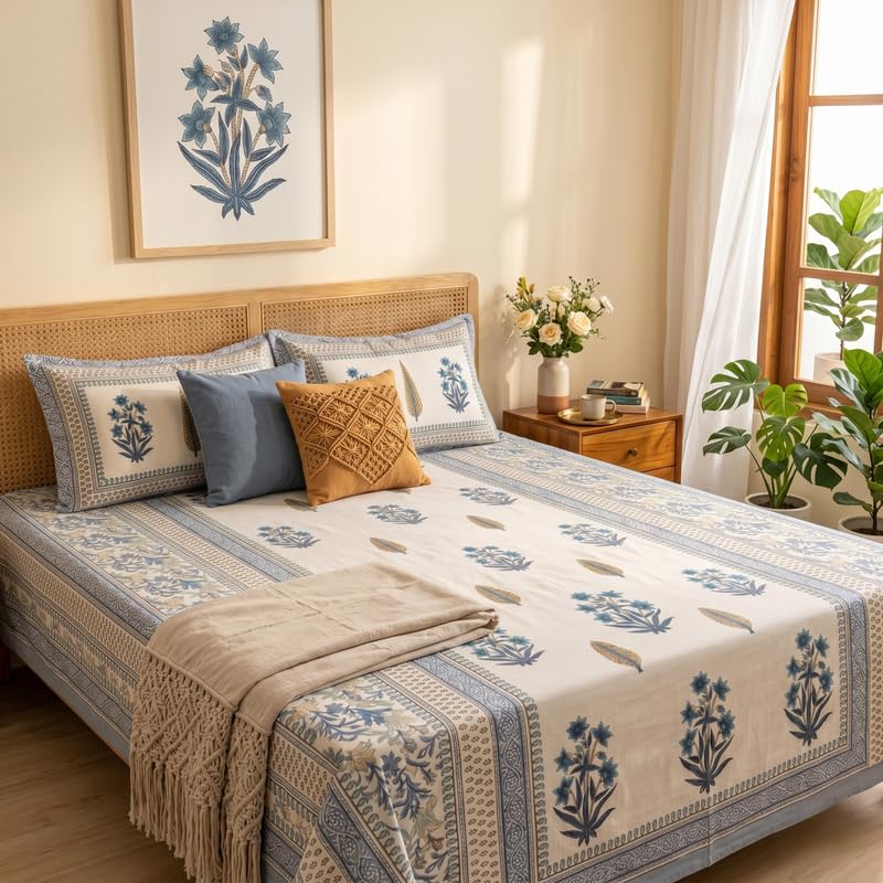 Image of Naksh Bedsheet for Double Bed King Size Blue Floral Block Print 2 Pillow Covers | Block-Print Inspired Design | Ornate Borders Heritage Craft in Bed Sheet Double Bed | Royal Sajawat Collection |