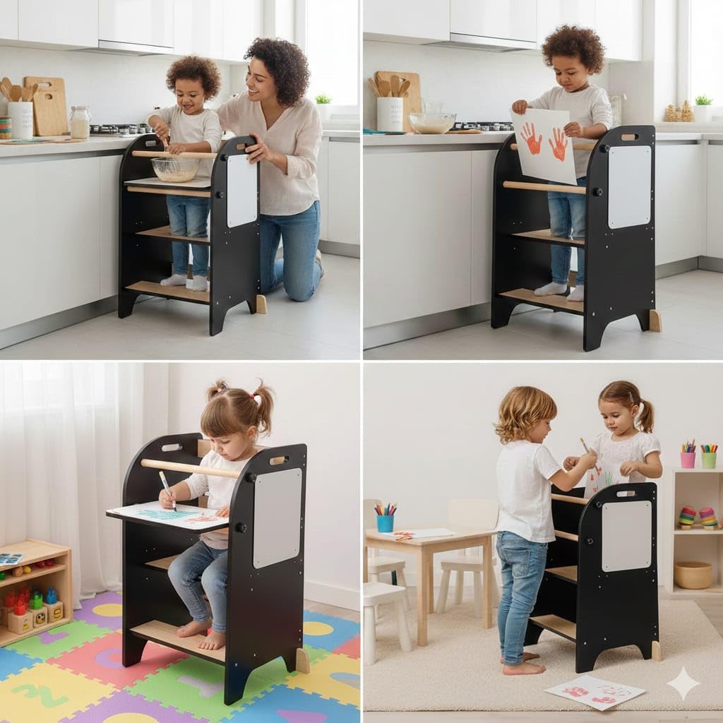 Wooden Learning Tower for Kids with Chalkboard – Adjustable Height Toddler Step Stool, Anti-Slip Safety Kitchen Helper Stand, Sturdy Standing Platform for Cooking, Learning & Daily Activities