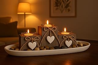 Khevga tea-light holder, made from wood, grey, black, white, with hearts
