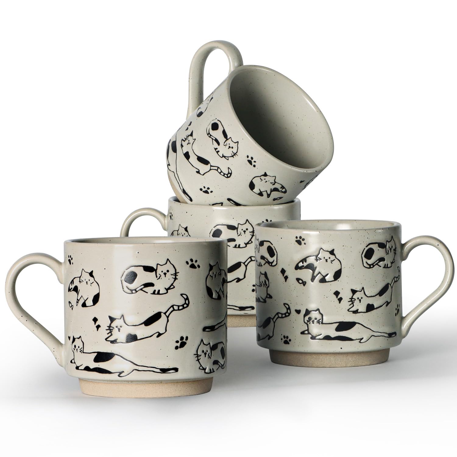 SHOWFULL Stackable Coffee Mugs Set of 4, Aesthetic Cute 10 OZ Small Ceramic Espresso Cups Vintage Stoneware Tea Cup for Cappuccino Latte, Cat