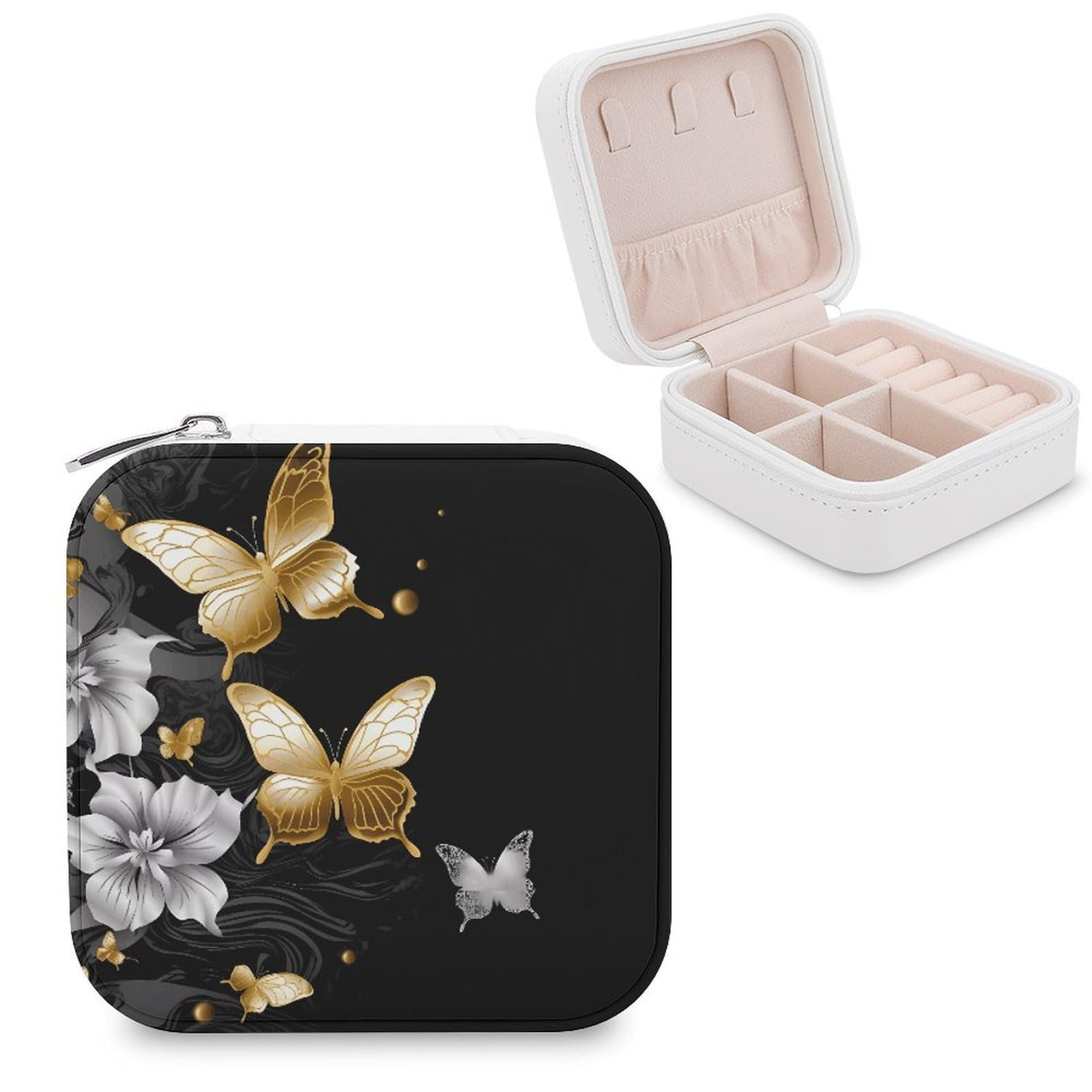 Boîte à bijoux portable en cuir synthétique noir et papillons dorés