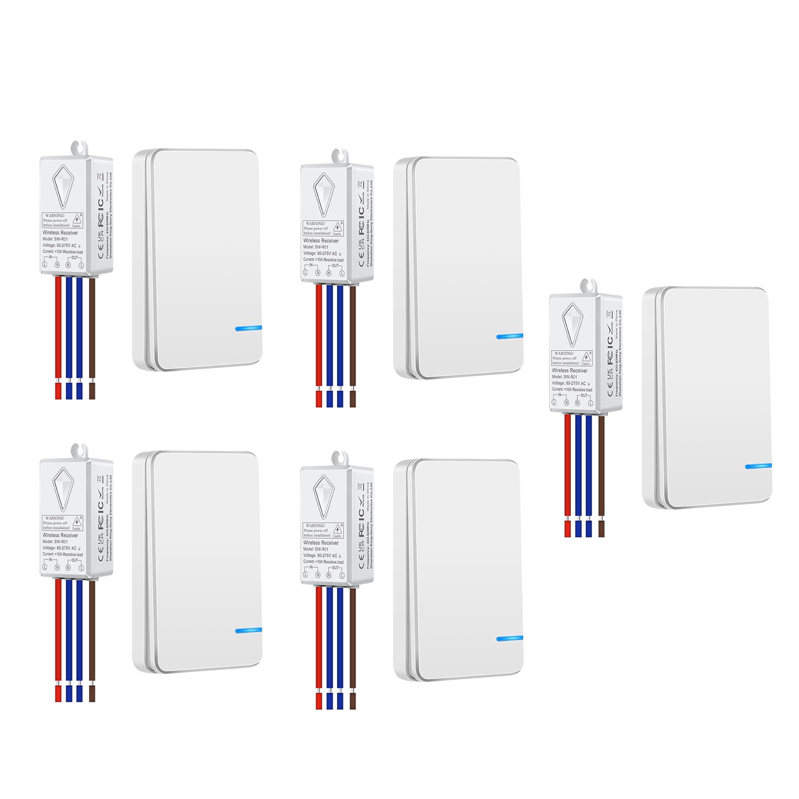 5Stück Mini Funklichtschalter und Empfänger-Set, Drahtloser Schalter Kit, Wandschalter-Panel-Fernbedienung für LED-Licht Home Hotel Drahtloser Schalter, IP66 Wasserdicht Innen 200ft Außen 1300ft