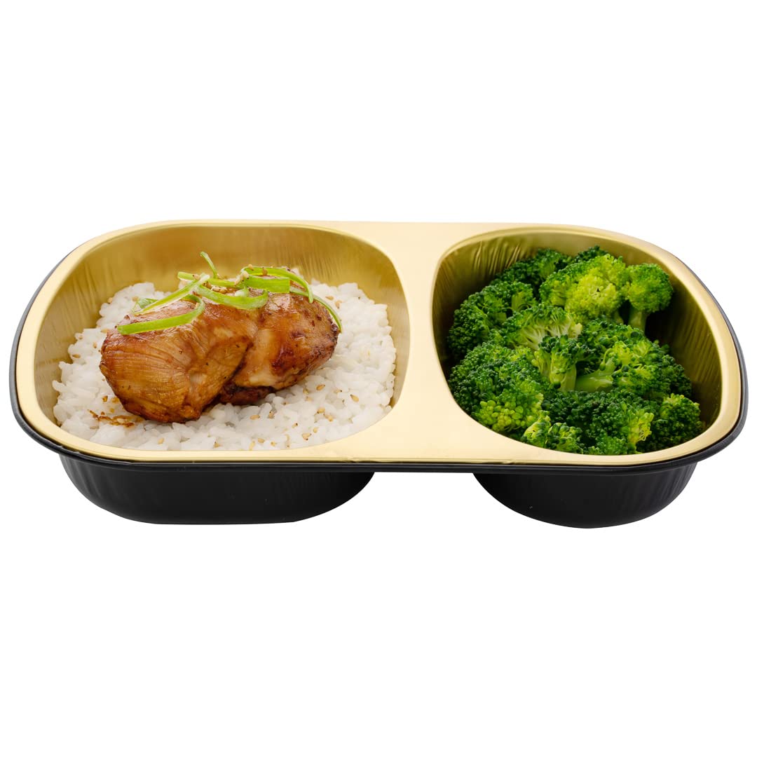 Restaurantware Foil Lux - Recipientes de aluminio para alimentos de 28 onzas, 100 bandejas rectangulares de aluminio, las tapas se venden por separado, 2 compartimentos, recipientes de aluminio negro