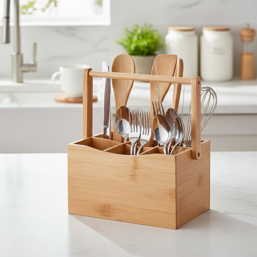 Deconox Bambu Taşıma Kulplu Çok Amaçlı Düzenleyici - 6 Bölmeli Çatal Bıçaklık | Ofis, Banyo ve Masaüstü Caddy Organizer (21.6x14x12.7 cm)