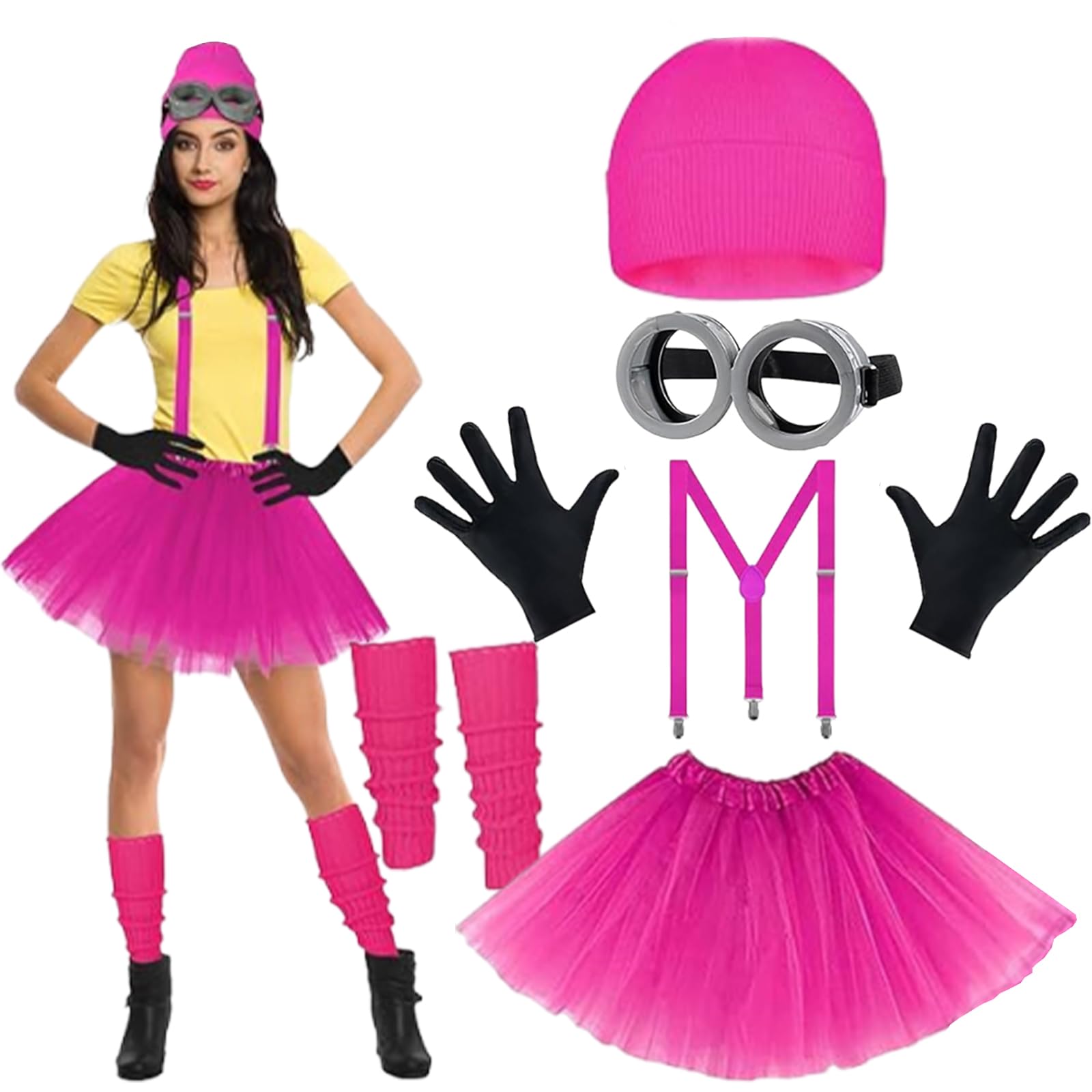 BFSYRR Costume Accessories, 6-Piece Rose Pink Fancy Dress Set, Halloween Cosplay Outfit with Hat, Glasses, Gloves, Suspenders