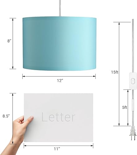 Miniatura 2 de DEWENWILS Lámpara colgante enchufable, luz colgante con cable transparente de 15 pies, interruptor de encendidoapagado, con pantalla azul, lámpara